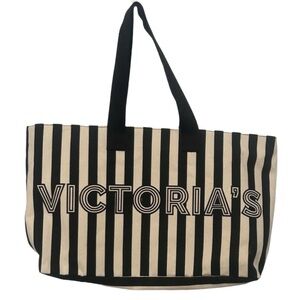 Victoria's Secret Black and Cream Striped Canvas Tote
